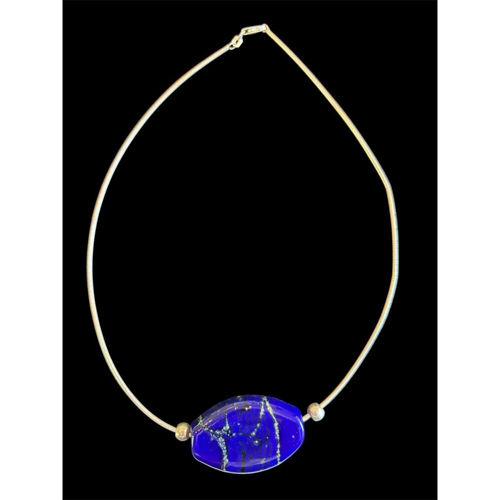 16” Sterling Silver Snake Chain Necklace With Blue Dichroic Glass Pendant 925